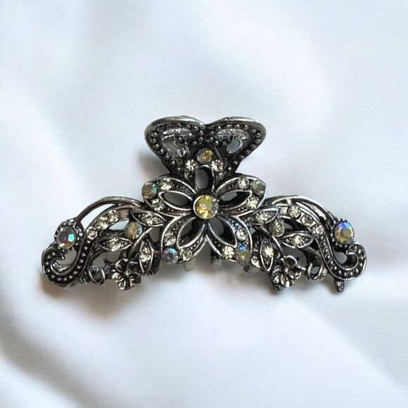 Vintage-Style Silver Tone Filigree Hair Clamp with Aurora Borealis Rhinestones - Picture 1 of 7